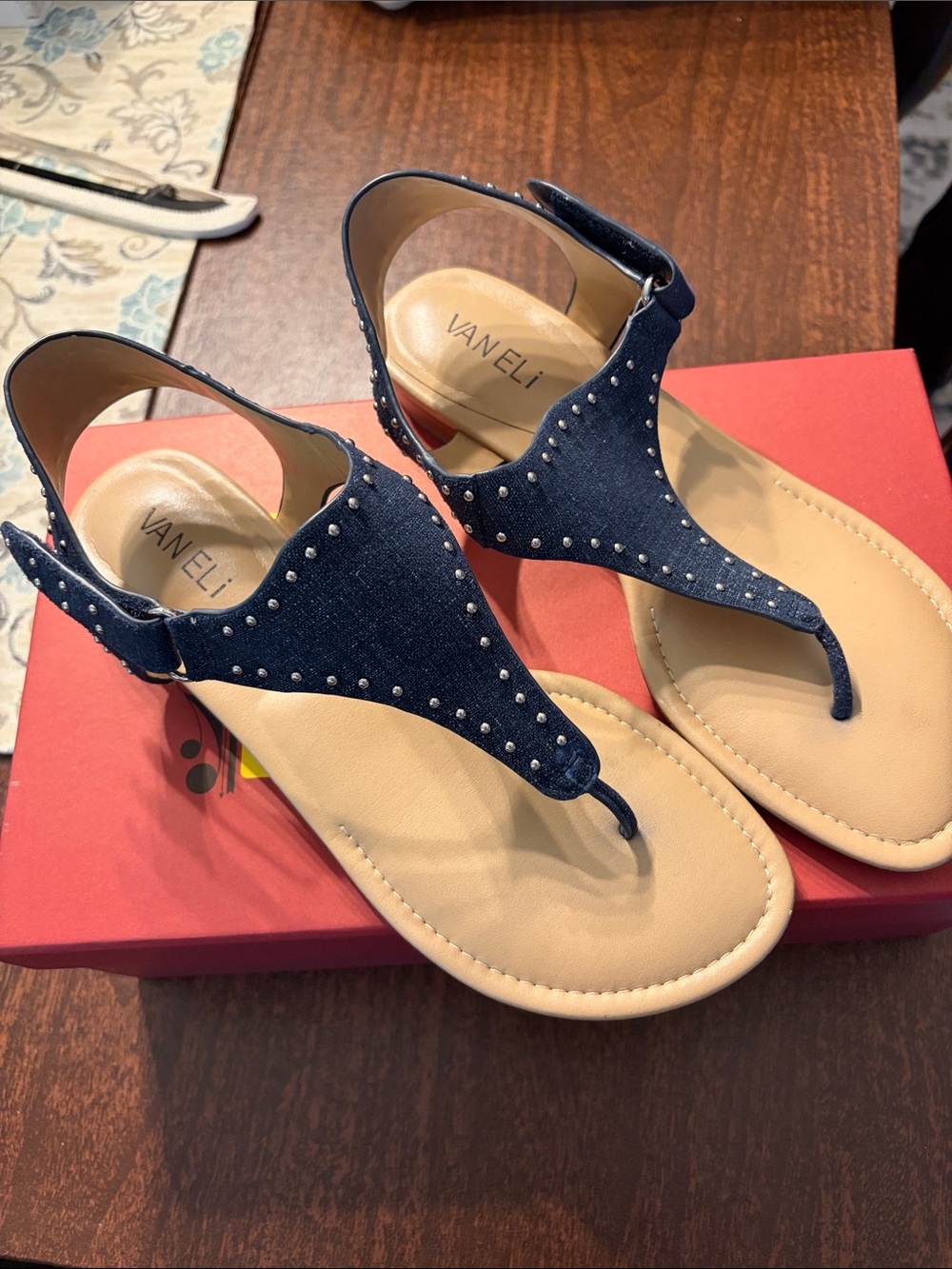 Vaneli Navy Yanela Studded T-Strap Thong Sandals